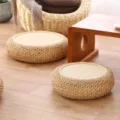 Handcrafted round straw meditation cushion tatami floor mat detail view for home tea room. - Diameter 40x17 cm / Original Color