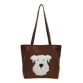 Braune Leder-Shopper-Tasche mit süßem weißen flauschigen Hund-Patch und langen Trägern für Damen. - Braun