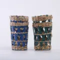 Handmade straw woven cup sleeve and creative vase decoration for home kitchen detail view. - Blue Sleeve With Bottle