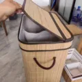 Bamboo laundry hamper with lid and fabric liner, foldable storage basket for home use. - 1.1 Carbonized 52*32*60 Heightened Lid with White Lining