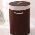 Panier à linge rond en bambou marron foncé avec couvercle et bord en lin pour la maison. - 1.1 Rond marron 35*50
