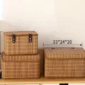 Panier de rangement en bambou tressé avec couvercle, organisateur de bureau pour vêtements et jouets - Lot de 3 / Bambou Marron Lot de Trois avec Couvercle