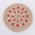 Round corn husk straw woven placemat with red white pattern for dining table heat insulation - Cattail Root Red Wheat Flower Decor 23cm