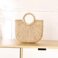 Handmade woven straw tote bag with round handle, natural summer beach handbag and storage basket. - Style 2 Cattail Stalk Small Semi-finished 28*5*30