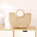 Handmade straw woven handbag cattail grass storage basket round handle casual beach tote bag - Style 3 Cattail Root Large Finished Product 40*8*34