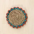 Handmade straw woven wall hanging round decorative mat with colorful scalloped edge. - Style 8: 20cm Red & Green Wavy Edges