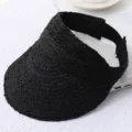 Black straw sun visor hat for women and men, summer beach outdoor anti-UV empty top cap. - One Size / Black Visor