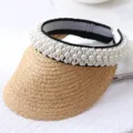 Handmade pearl decorated straw sun visor hat, empty top raffia beach sun hat summer. - One Size / Open Top Visor 7 - Raffia Braid & Pearl Binding