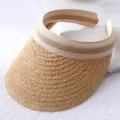 Raffia straw sun visor hat for summer outdoor beach, breathable empty top design, khaki color. - One Size / Open Top Visor Hat - Natural Raffia Braid with Coffee and White Brim