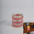 Portavelas de vidrio de paja tejida a mano ribete rosa cubierta de tarro de almacenamiento vintage - Tejido vertical 7x8 rojo rosa con vidrio
