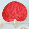 Handcrafted red woven cattail fan traditional summer cooling fan for Hanfu Chinese style costume. - Large Size 32-35 cm / Round Handle Palm Leaf Fan in Red