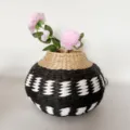 Handcrafted straw woven vase, black and white pattern desktop decorative floral arrangement basket - Black and White Pattern Short Jar, 26*18cm