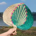 Handmade woven palm leaf fan colorful traditional Chinese summer cooling fan decoration prop. - Large Size 32-35 cm / Round Handle Palm Leaf Fan - Green Full Pattern