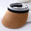 Summer straw sun visor hat, empty top woven beach hat, outdoor UV protection casual cap for women - One Size / Open Top Visor 4 - Brown Raffia Braid & Black-White Binding