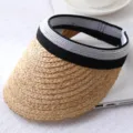 Straw sun visor hat with black and grey elastic headband, summer beach outdoor sun protection. - One Size / Open Top Visor 5 - Natural Raffia Braid & Black-White Binding