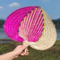 Handcrafted colorful woven straw fan, traditional palm leaf summer cooling fan for outdoor use. - Round Handle Palm Leaf Fan - Peach Pink Full Pattern