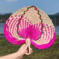 Handcrafted woven palm leaf fan vintage traditional Chinese style summer cooling fan decor - Round Handle Palm Leaf Fan - Peach Pink Half Pattern