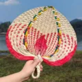 Round Handle Palm Leaf Fan - Red Half Pattern