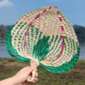 Handwoven colorful straw fan traditional Chinese style summer cooling fan for Hanfu decor - Round Handle Palm Leaf Fan - Green Half Pattern