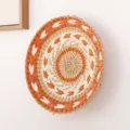 Handcrafted Woven Wall Hanging Basket Round Decorative Boho Straw Tray for Living Room - Orange & White Symmetrical Flower 30 cm
