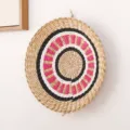 Woven Wall Hanging Basket Decor, Round Straw Wicker Wall Art with Black White Pink Pattern - 30 cm