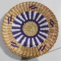 Woven wall hanging decor, round straw basket with purple white spiral pattern for home. - Cattail Root Wall Hanging, Purple Auspicious Cloud, 25 cm