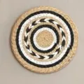 Handmade round woven wall hanging minimalist straw placemat boho home decor art piece - 30 cm Black & White Symmetrical Circle Pattern