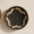 Handmade woven wall hanging basket, black beige geometric pattern, natural bohemian decor. - New Hanging Ornaments 25 cm