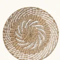Handmade Woven Wall Hanging Round Natural Seagrass Decor in White and Wood Color - 30 cm White Spiral Flowers