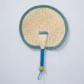 Handmade woven straw fan traditional summer cooling fan with blue border and handle 1pc - Style 1