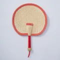 Handwoven straw fan detail, traditional Chinese style round design with red border and handle wrap. - Style 2