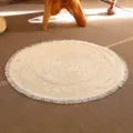 Round hand-woven jute rug with fringe bohemian rustic floor mat for living room and bedroom decor - Corn Husk Tassel Rug, 100 cm