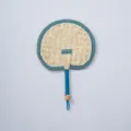 Hand-woven straw fan detail showing blue fabric edge binding and tightly wrapped handle for summer. - Style 16