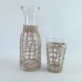 Grass woven glass pitcher and cup set with rattan wrap for office and hotel daily drinking use. - Full Small Grass Twisted Milk Bottle and Small Grass Twisted Slanted Cup (with Glass)