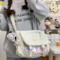 Cute college style canvas messenger pain bag, large capacity transparent ita bag for students. - Pendant with 4 Round Badges / White