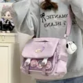 Cute college style ita bag with transparent window, large capacity messenger bag for students. - Pendant with 4 Round Badges / Purple