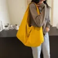 Large capacity solid color yellow tote bag for women, casual lazy style slouchy shoulder bag. - Yellow
