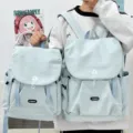 Light blue casual canvas backpack for women, cute daily daypack with flap and drawstring. - Blue