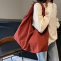Large capacity minimalist red solid color shoulder tote bag, casual Korean style commuting handbag. - Dark Red
