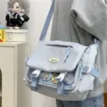 Cute Japanese college style messenger ita bag with clear window for pins, large capacity blue. - Pendant with 4 Round Badges / Blue