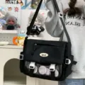 Cute Japanese style ita bag with clear window and badges, large capacity messenger bag for daily. - Pendant with 4 Round Badges / Black