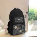 Black canvas casual student backpack with clear pain bag pockets, large capacity, cute daily daypack. - Black Backpack with Charm