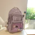 Light purple large capacity canvas backpack cute ins style transparent pain bag for students. - Purple Backpack with Charm