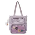 Purple canvas itabag student school tote bag with clear transparent pockets and cute badges - Purple Tuition Bag (No Charm)