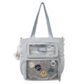 Light grey clear ita bag large capacity tote backpack with cute badges and plush pendant. - Blue Tutoring Bag [No Charm]