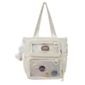 Beige canvas itabag large capacity shoulder bag transparent window cute pins school bag - White Tuition Bag (No Charm)