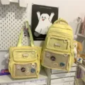 Ins Japanese style cute yellow canvas backpack large capacity clear pocket school bag - 2-Piece Set with Charm - Yellow