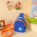 Kids blue crossbody chest bag with orange contrast straps and stylish front letter print design. - Blue