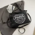 Borsa tote in tela alla moda da donna con stampa lettere Paris, grande capacita, borsa a tracolla. - Nero