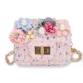 Süße rosa Tweed Umhängetasche für Mädchen mit floralen Perlen und eleganter goldener Kette - Rosa 2